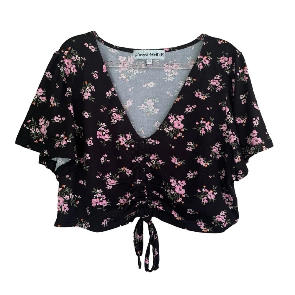Almost Famous Floral Cropped Ruched Tie Front Top Black Pink Juniors Size L
